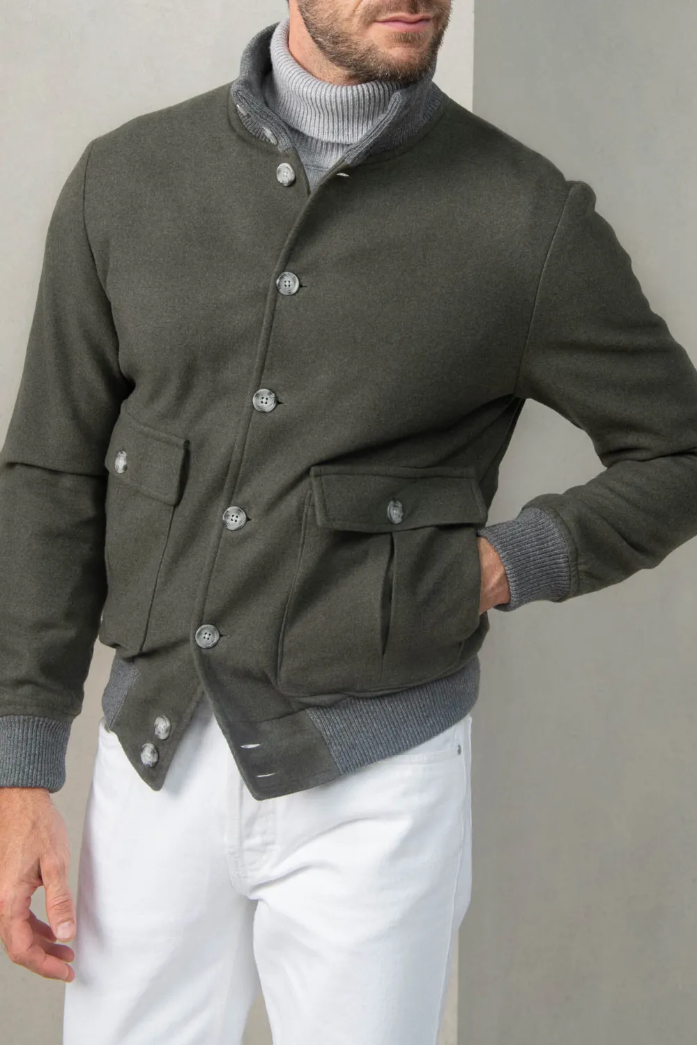 Green Super 180'S Wool Flannel Bomber Jacket