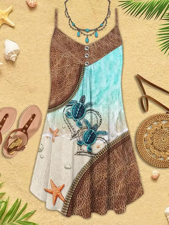 Vacation Heart Sea Turtle Beach Print Spaghetti Strap Dress Swimsuit Coverup
