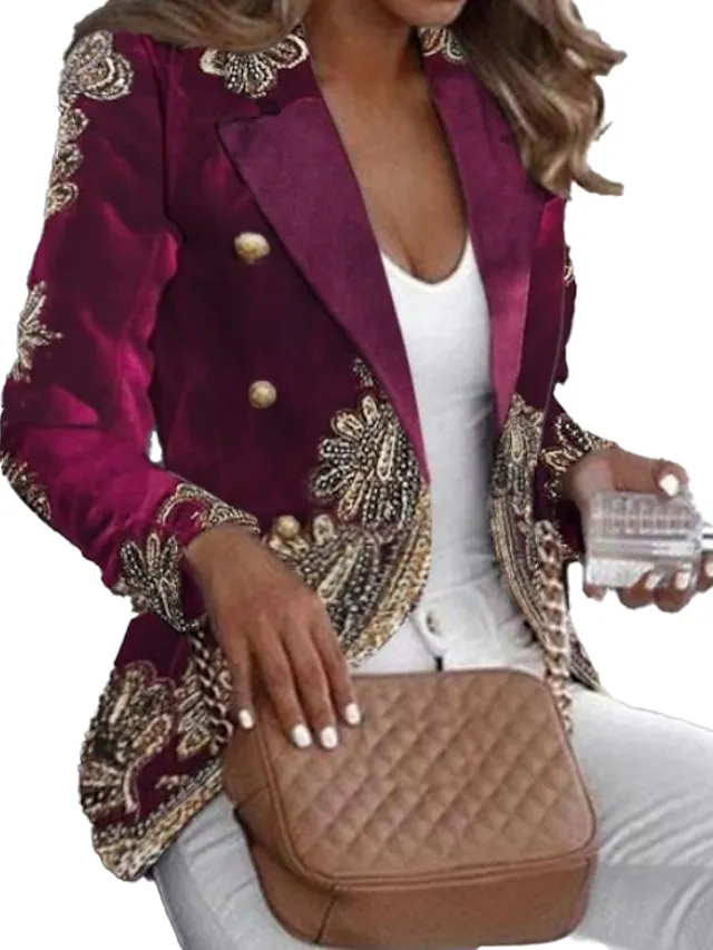 Women's Blazer Lightweight Comfortable School Xmas Party Office Christmas Print Open Front Lapel Contemporary OL Style Baroque career Print Regular Fit Outerwear Long Sleeve Spring Fall Purple S