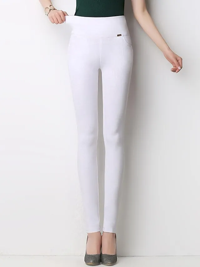 Women's High Waist Leggings Cotton Blend Wine Royal Blue White Fashion Daily Going out Stretchy Full Length Tummy Control Solid Color S M L XL XXL / Skinny