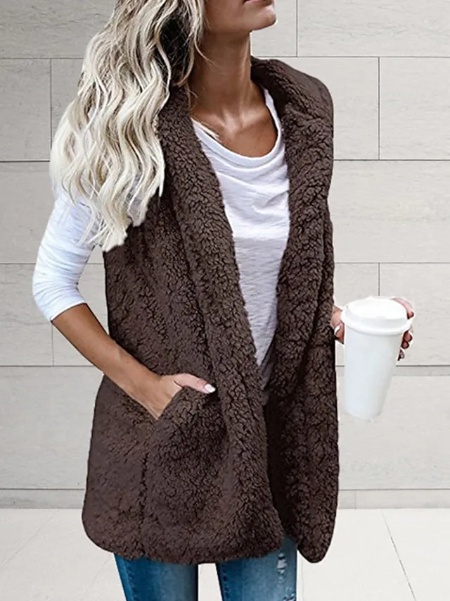 Women's Vest Teddy Coat Gilet Sherpa Jacket with Hood Outdoor Street Going out Fall Winter Regular Coat Regular Fit Warm Breathable Cute Casual Jacket Sleeveless Solid Color Pocket White Black Gray