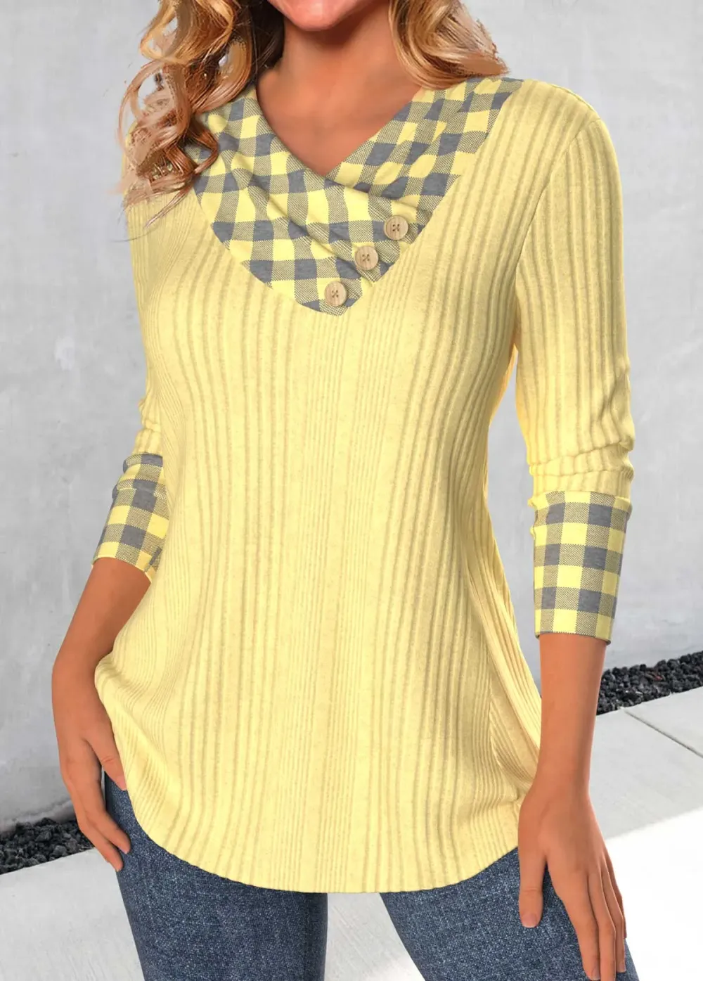 Light Yellow Patchwork Plaid Long Sleeve T Shirt