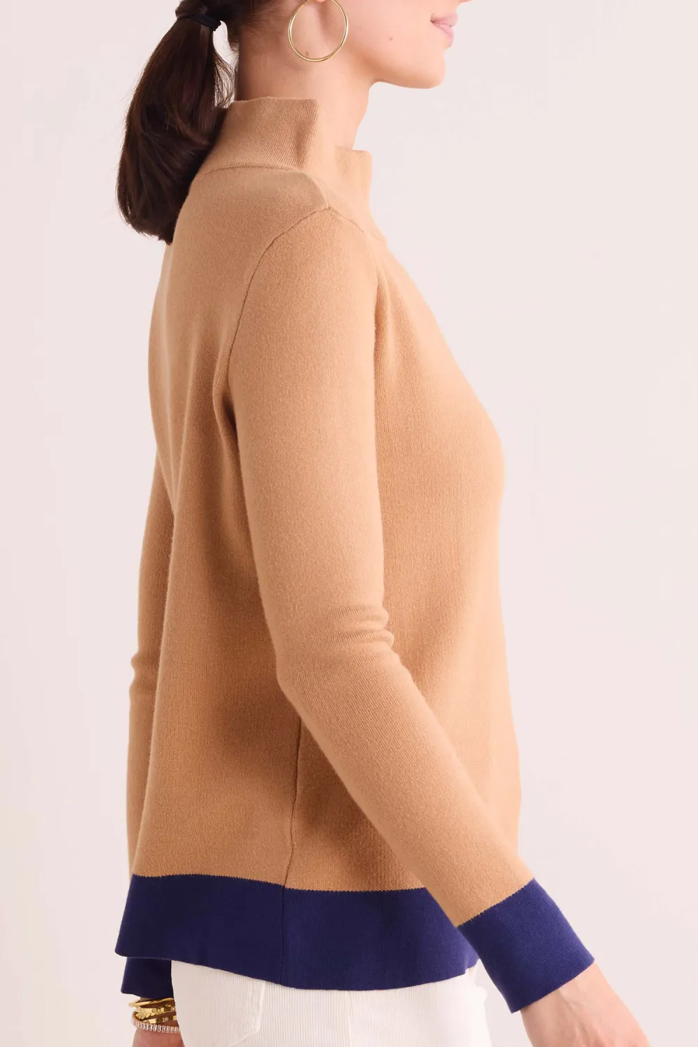 Camel Mock Neck Contrast Cuff Cropped Sweater