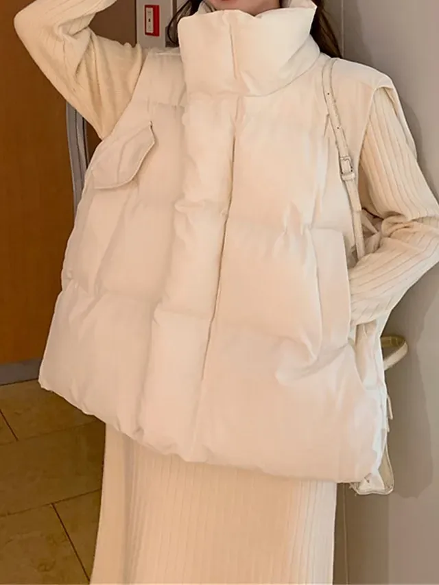 Women's Puffer Vest Long Sleeveless Parka Warm Heated Quilted Gilet Winter Coat Zipper Stand Collar Jacket with Pocket Outerwear Black White S M L XL