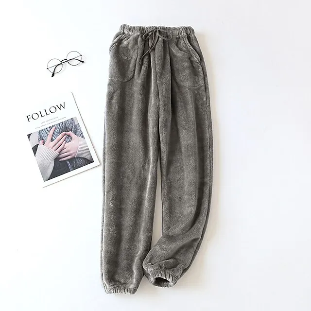 Women's Fleece Fluffy Fuzzy Warm Pajamas Pants Pjs Pure Color Simple Comfort Plush Home Daily Bed Gift Long Pant Elastic Waist Winter Fall Black Blue