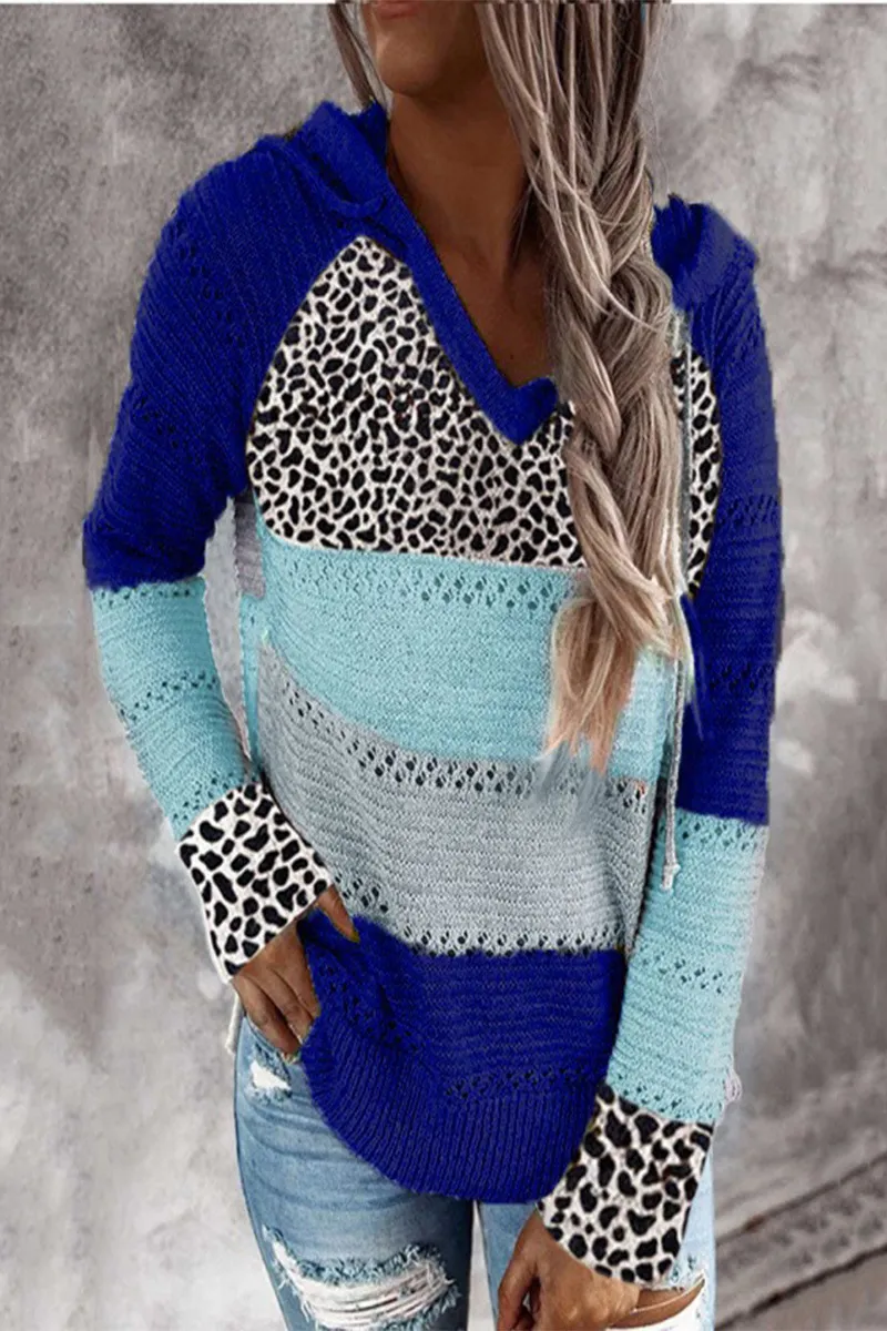 Striped & Leopard Patchwork V-Neck Hooded Sweater