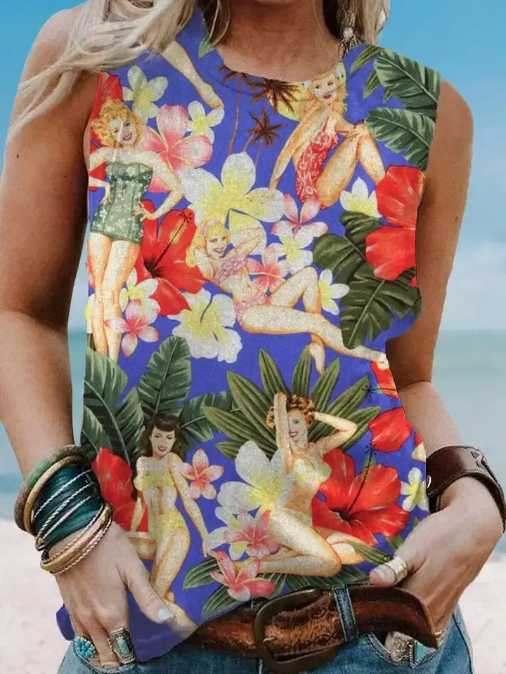 Women's Vintage Hawaiian Vacation Girl Floral Print Sleeveless T-Shirt