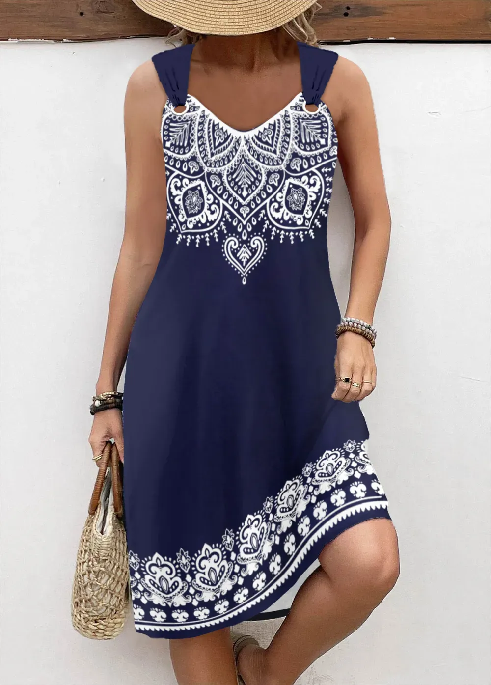 Navy Breathable Tribal Print A Line Sleeveless Dress