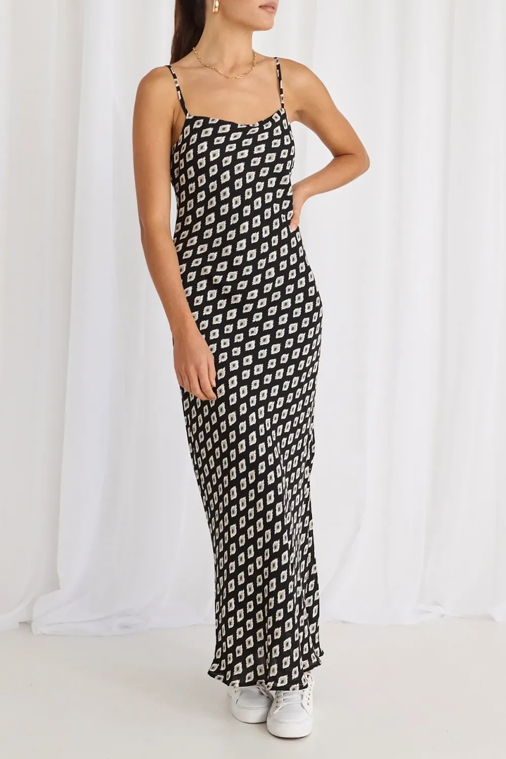 Strappy Black Geo Print Pattern Maxi Dress
