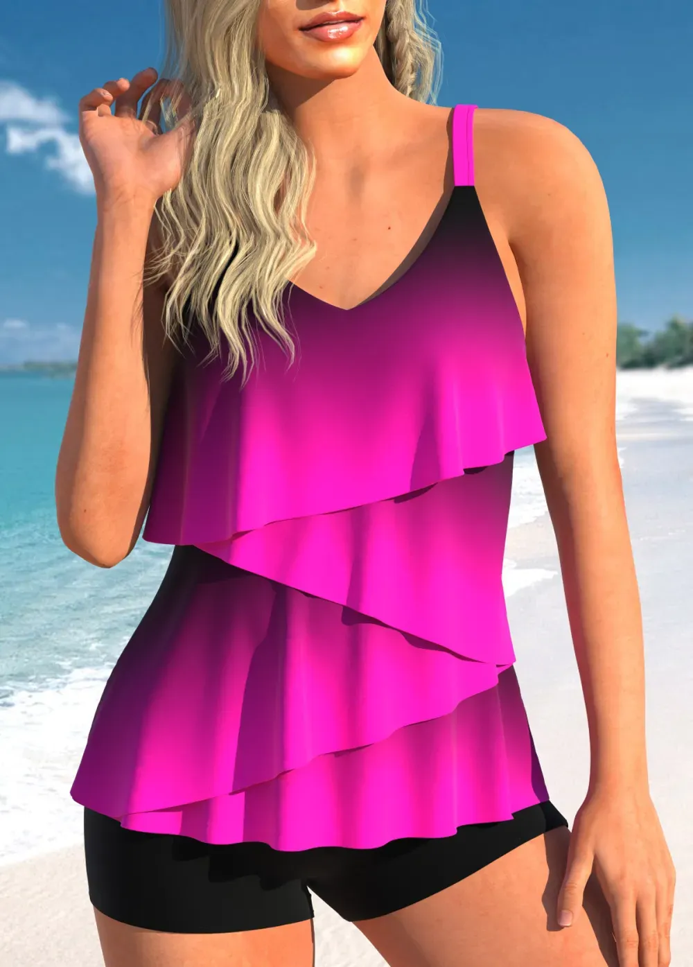 V Neck Patchwork Light Pink Tankini Top