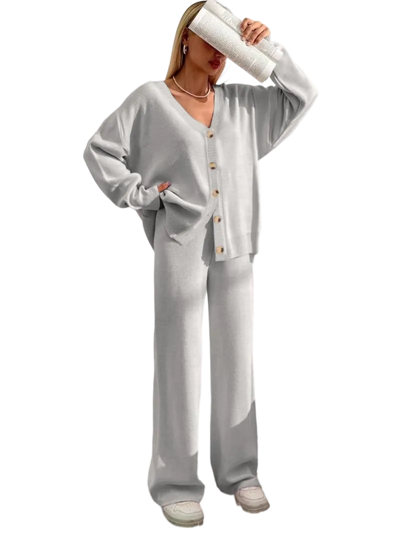 Women's Solid Color Off-Shoulder V-Neck Cardigan & Wide-Leg Pants 2-Piece Loungewear Set