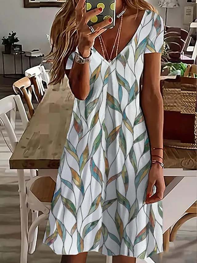 Women's Casual Dress T Shirt Dress Tee Dress Midi Dress White Short Sleeve Floral Print Fall Spring Summer V Neck Basic Daily Vacation 2023 S M L XL XXL 3XL