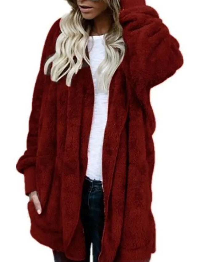 Women's Fleece Jacket Sherpa Jacket Teddy Coat Coat Outdoor Street Daily Fall Winter Long Coat Regular Fit Warm Breathable Casual Jacket Long Sleeve Solid Color Pocket with Pockets Black White Pink