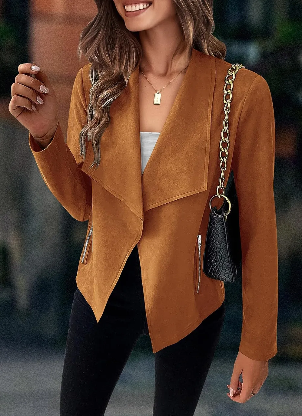 Women's Faux Suede Jackets 2023 Fall Clothes Long Sleeve Open Front Cropped Coat Outwear