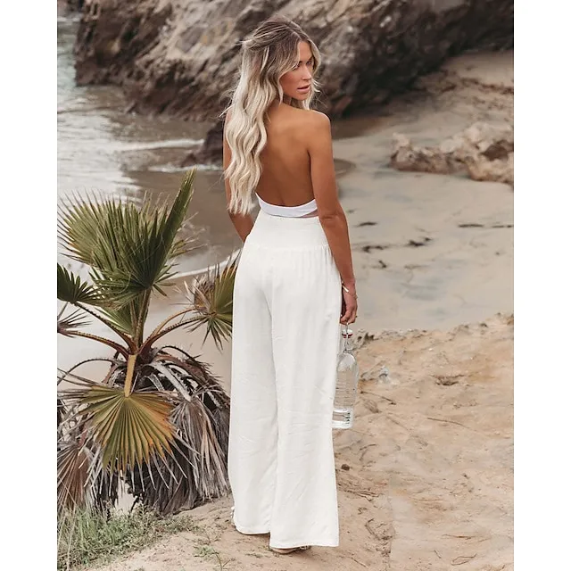 Women‘s Casual Fashion Culottes Wide Leg Chinos Wide Leg Side Pockets Cotton Linen Full Length Pants Casual Weekend Micro-elastic Chinese Style Comfort Mid Waist White Black Khaki S M L XL XXL