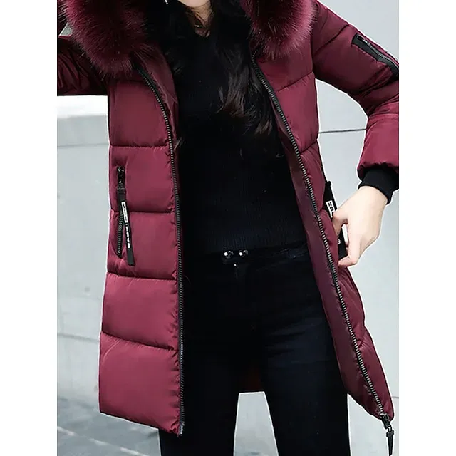 Women's Parka Long Puffer Jacket Windproof Thermal Warm Heated Coat with Pockets Winter Coat with Fur Collar Hood Long Sleeve Full Zip Black White Pink