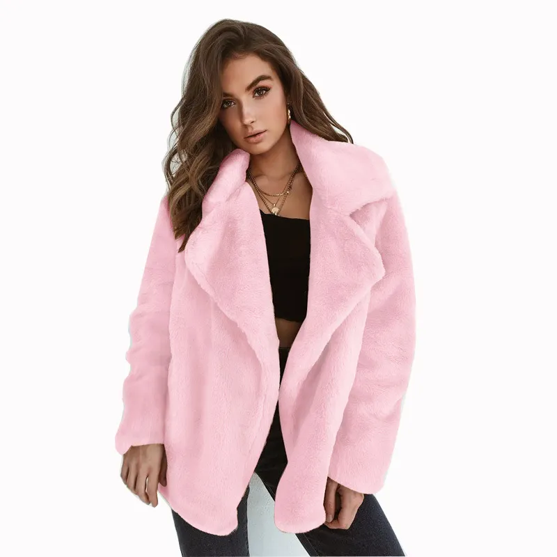 Cozy notched collar oversize fake fur coat