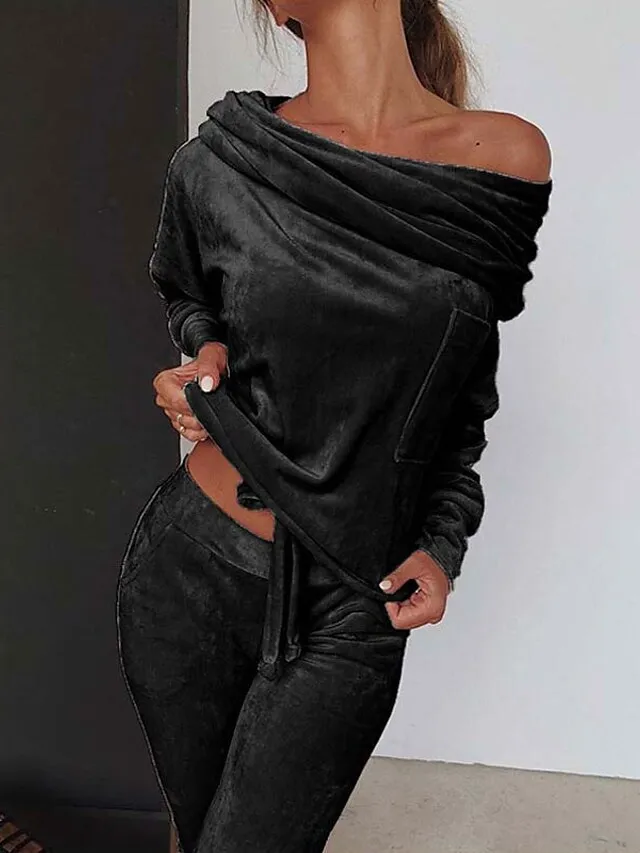 Women‘s Loungewear Sets Winter 2 Pieces Pure Color Comfort Plush Home Street Polyester One Shoulder Long Sleeve Pant Elastic Waist Winter Fall Purple Pink