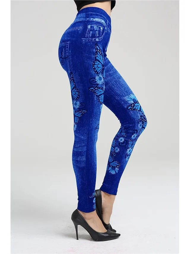 Women's Jeans Skinny Bell Bottom Ankle-Length Faux Denim Print High Elasticity High Waist Tights Casual / Sporty Casual Weekend Blue S M