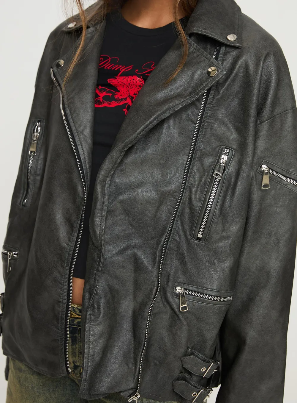 Washed Look Oversized Faux Leather Jacket