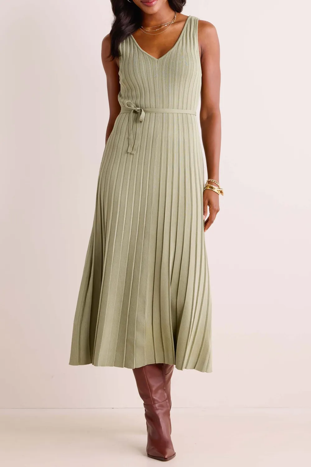 Olive Green V-Neck Pleated Dress
