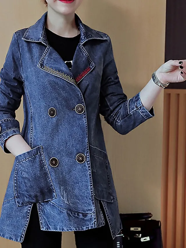 Women's Denim Jacket Regular Coat Regular Fit Warm Breathable Streetwear Elegant Jacket Spring Summer Long Sleeve Solid Color Pocket Navy Blue Outdoor Street Daily