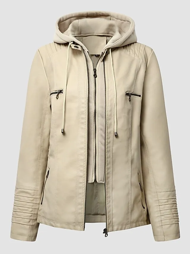 Women's Faux Leather Fall Hoodie Moto Biker Hoodie Jacket Windproof Warm Pocket Sports Solid Color Maillard Outerwear Long Sleeve Winter Fall Black Camel Red Street Casual Daily  M L XL