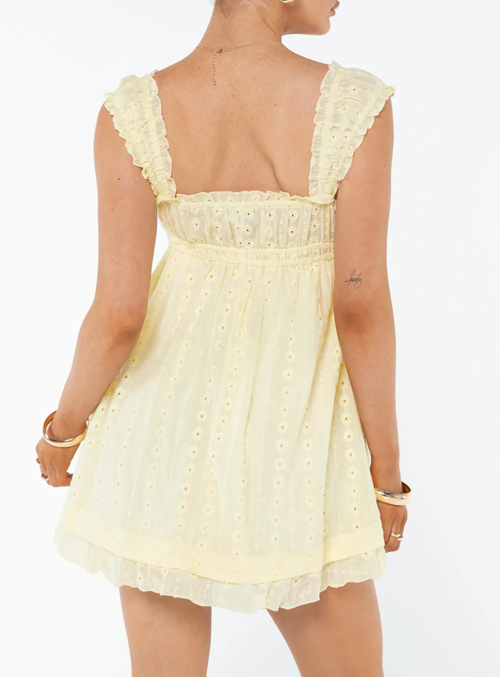 Yellow Square Neck Lace Trimmed Mini Dress