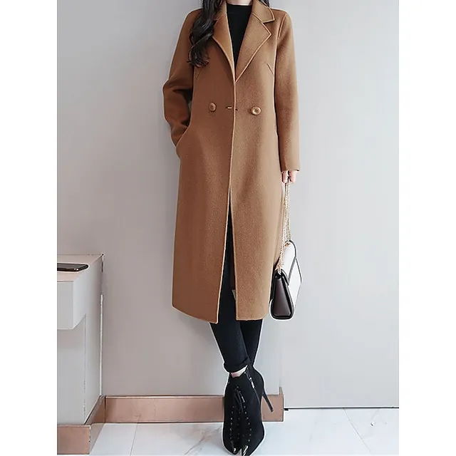 Women's Winter Coat Long Overcoat Double  Breasted Lapel Pea Coat Thermal Warm Windproof Trench Coat Stylish Contemporary Modern Jacket Long Sleeve with Pockets Black Yellow Red