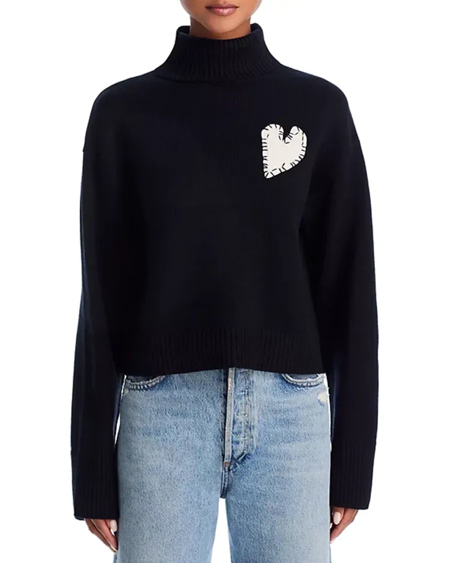 Cropped Turtleneck Heart Patch Sweater