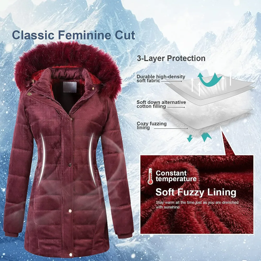 Women's Warm Winter Coat Velvet Puffer Jacket Quilted Faux Fur Hood