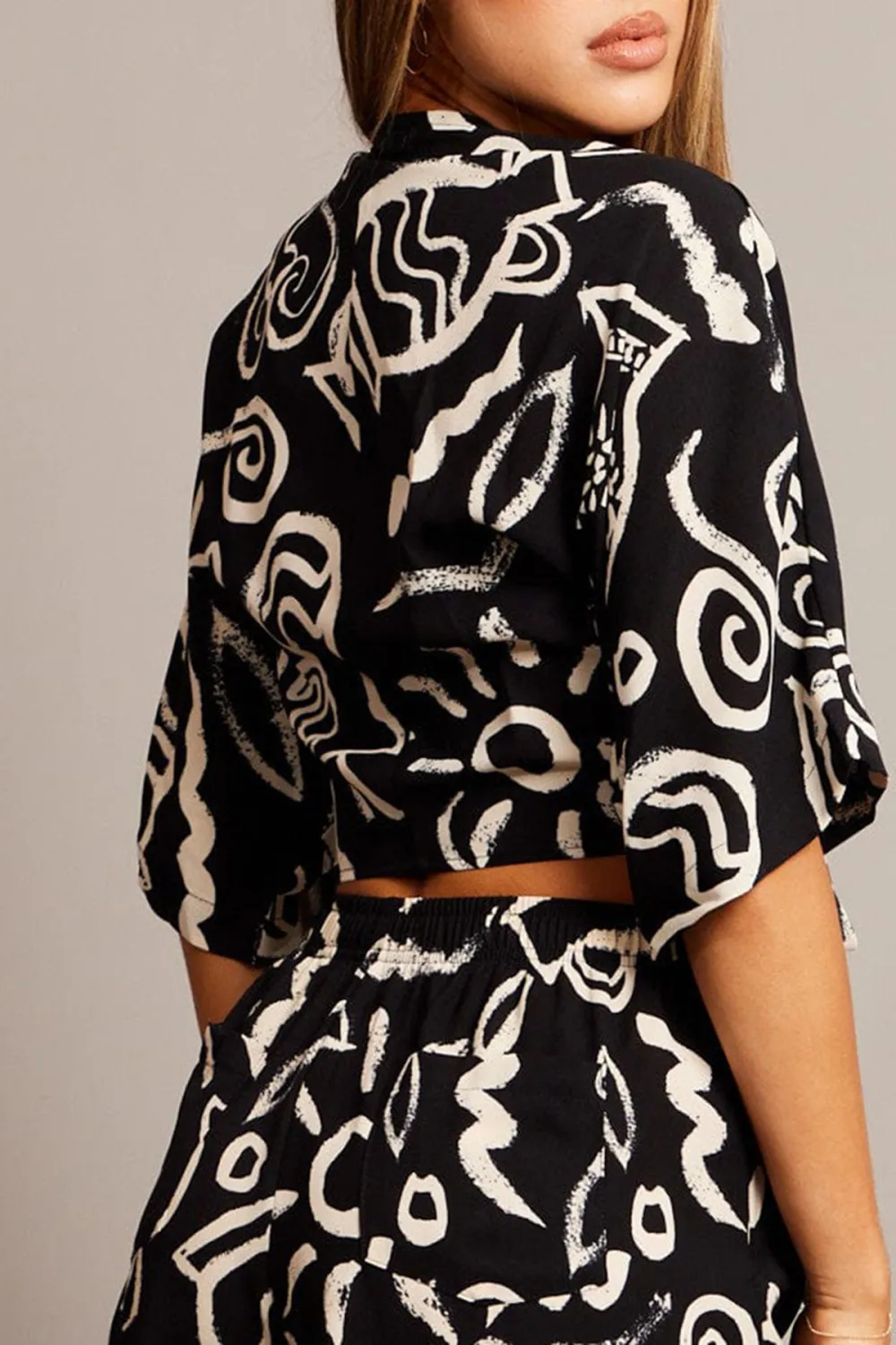 Black Abstract Tie Up Bolero Short Sleeve