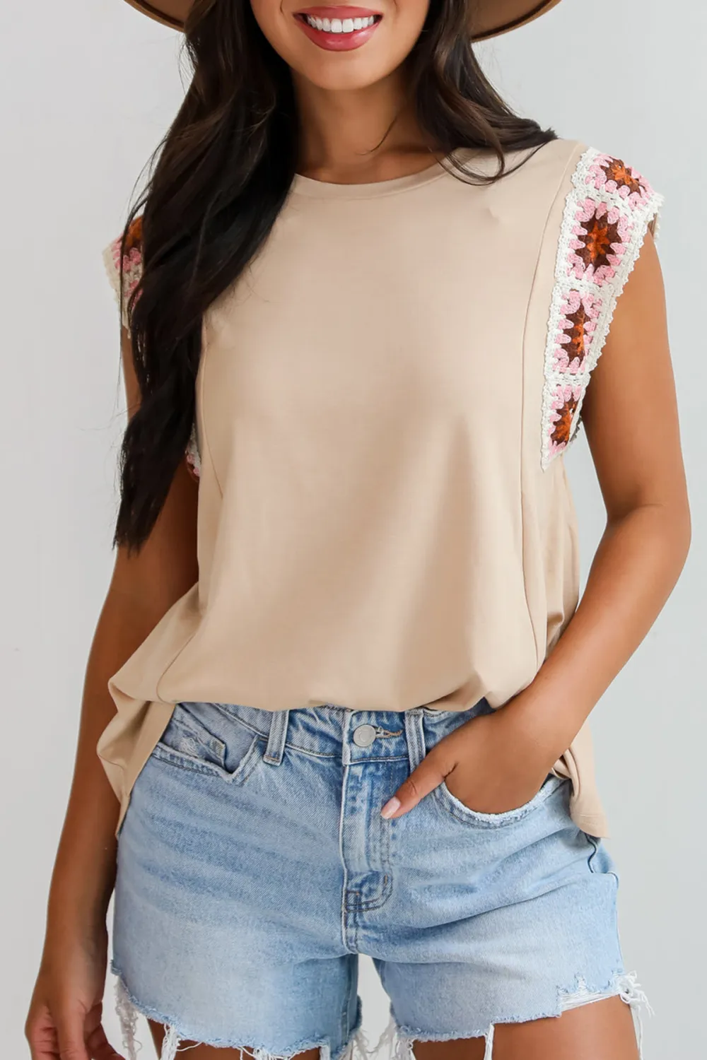 Adored Cutie Mocha Crochet Sleeve Top
