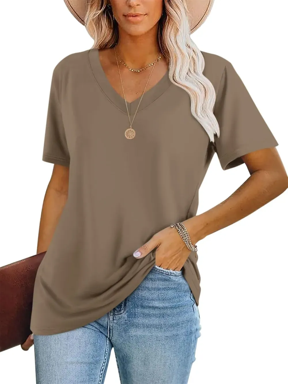ORANDESIGNE Women's Color Block Short Sleeve T Shirts Casual V Neck Summer Tops Tees Loose Fit Blouses