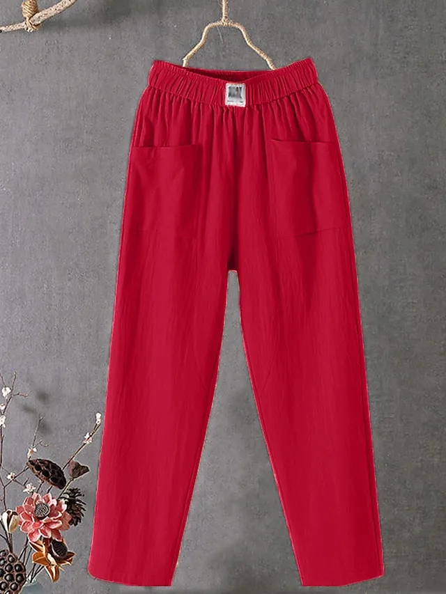 Women's Linen Pants Chinos Pants Trousers Cotton Solid Color Side Pockets Baggy Ankle-Length Micro-elastic Mid Waist Fashion Work Casual Black White M L Summer Spring &  Fall