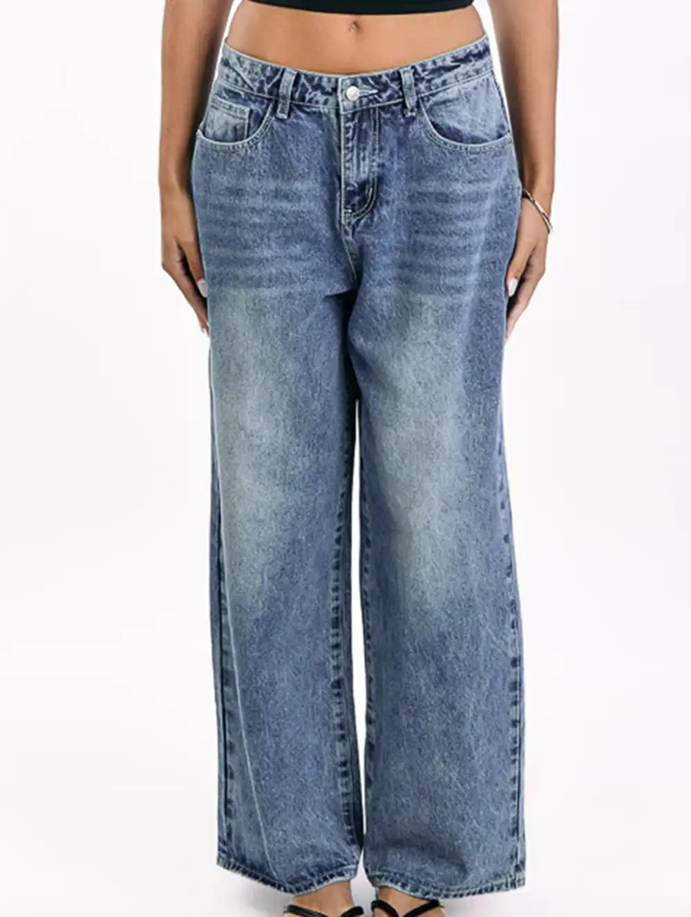 Retro Washed Heart Patterned Wide-Leg Jeans