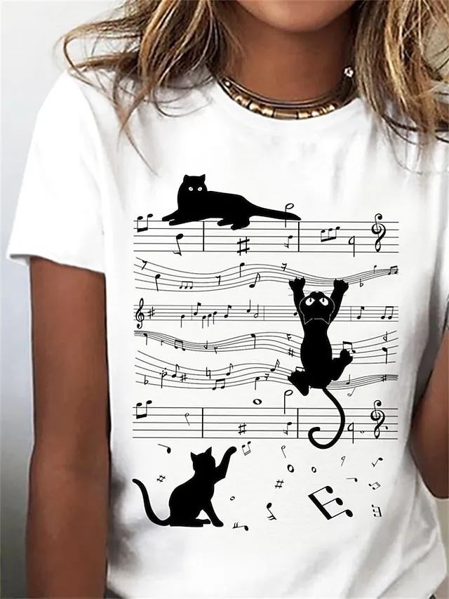 Women's T shirt Tee Cat Music White Print Short Sleeve Daily Weekend Basic Round Neck Regular Fit