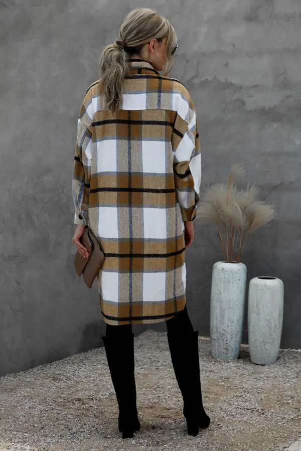 Khaki Turn-down Collar Pocket Button Plaid Coat