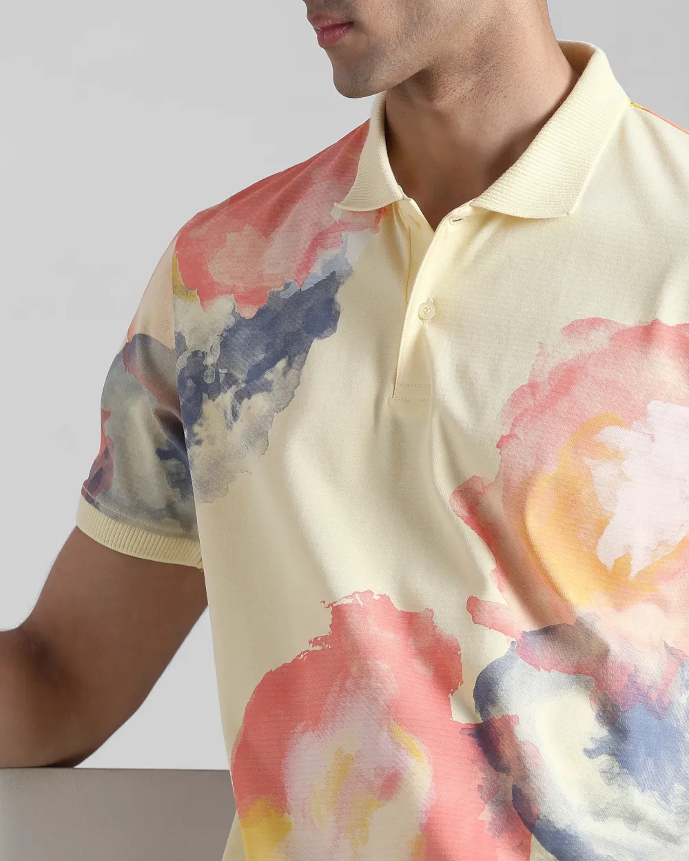 Daily Simple Light Yellow Floral Print Polo Shirt