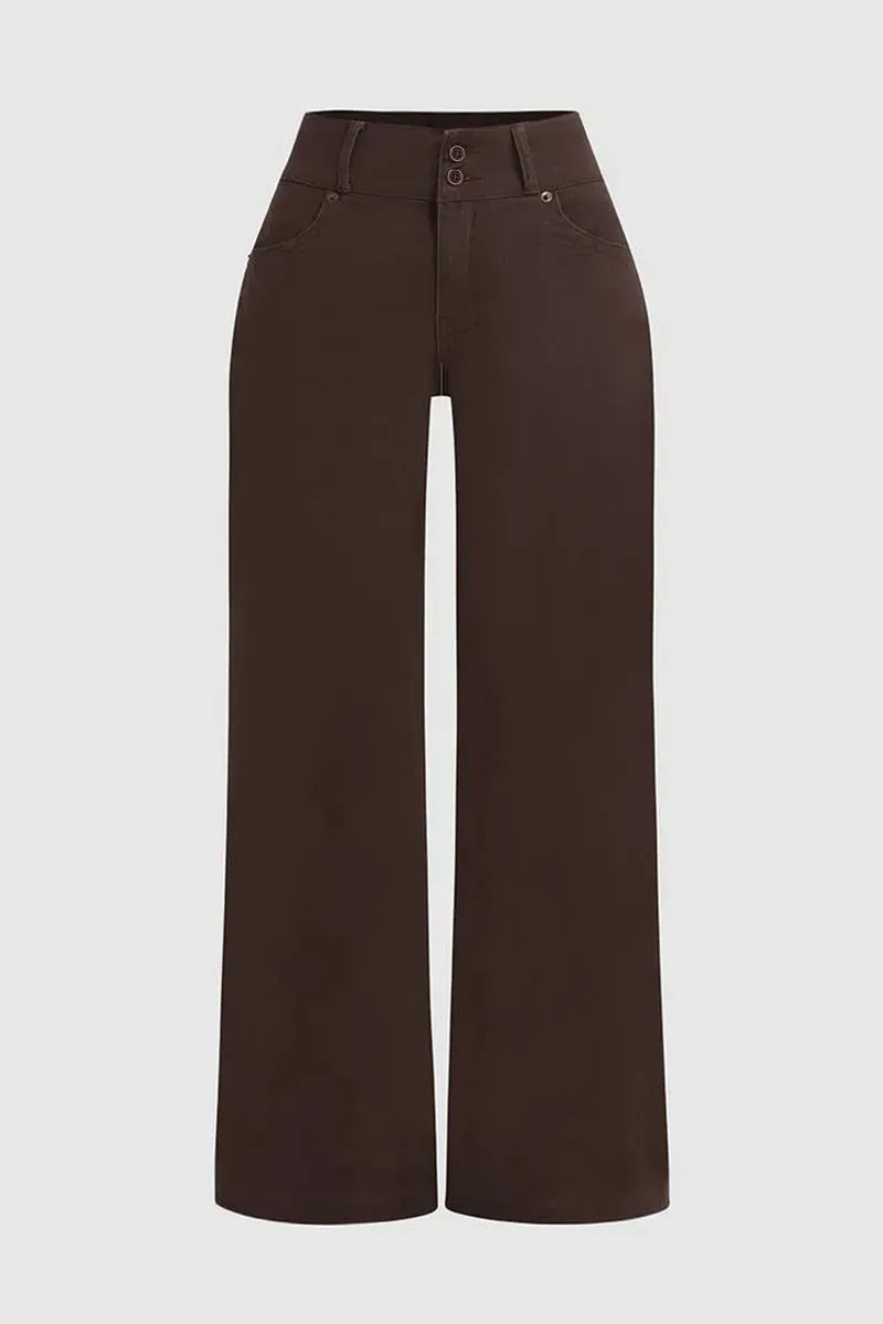 Solid Flap Pocket Button Detail Mid Rise Flare Pants