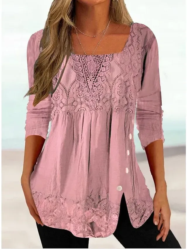 Women's Shirt Blouse Pink Dark Green Gray Plain Lace Long Sleeve