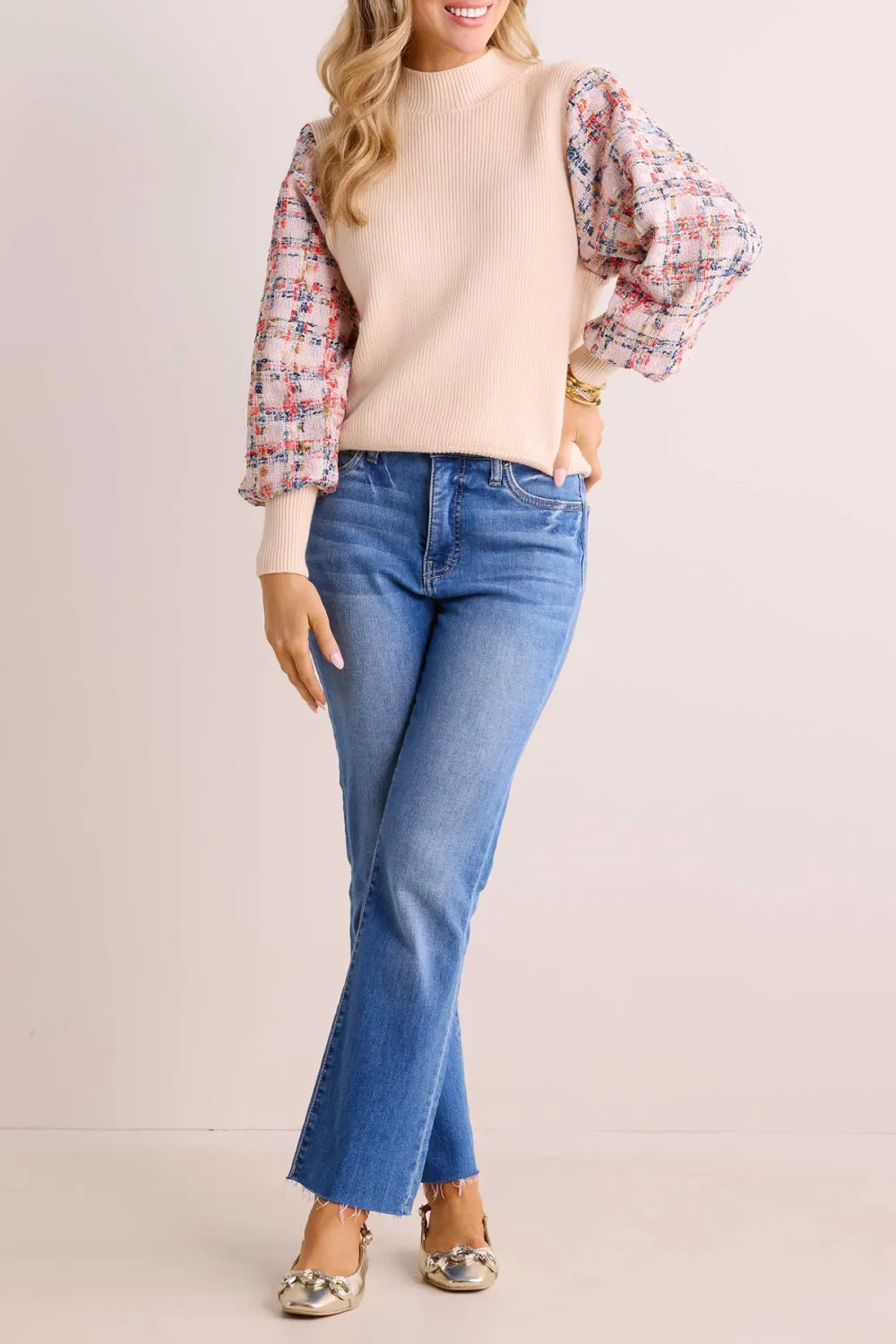 Beige Tweed-Knit Contrast Sleeve Mock Neck Sweater