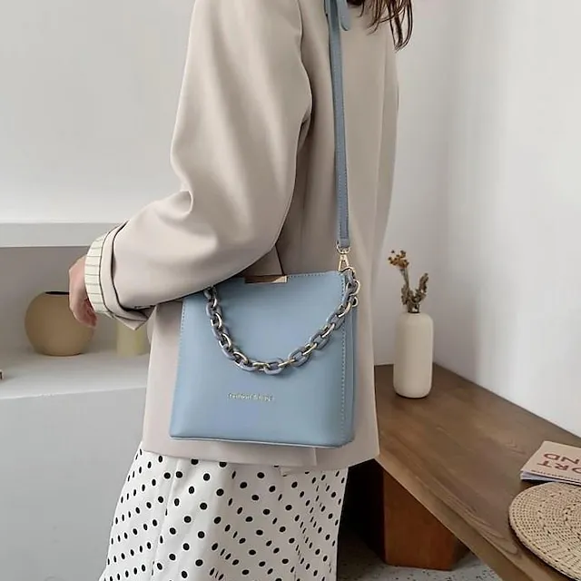 Women's Crossbody Bag PU Leather Daily Holiday Chain Large Capacity Waterproof Breathable Solid Color Black Blue Green