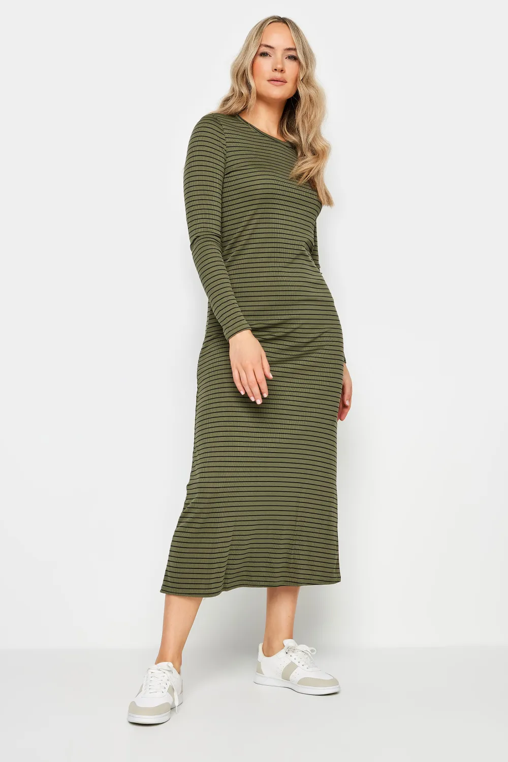 LTS Tall Khaki Green & Black Stripe Ribbed Midi Dress