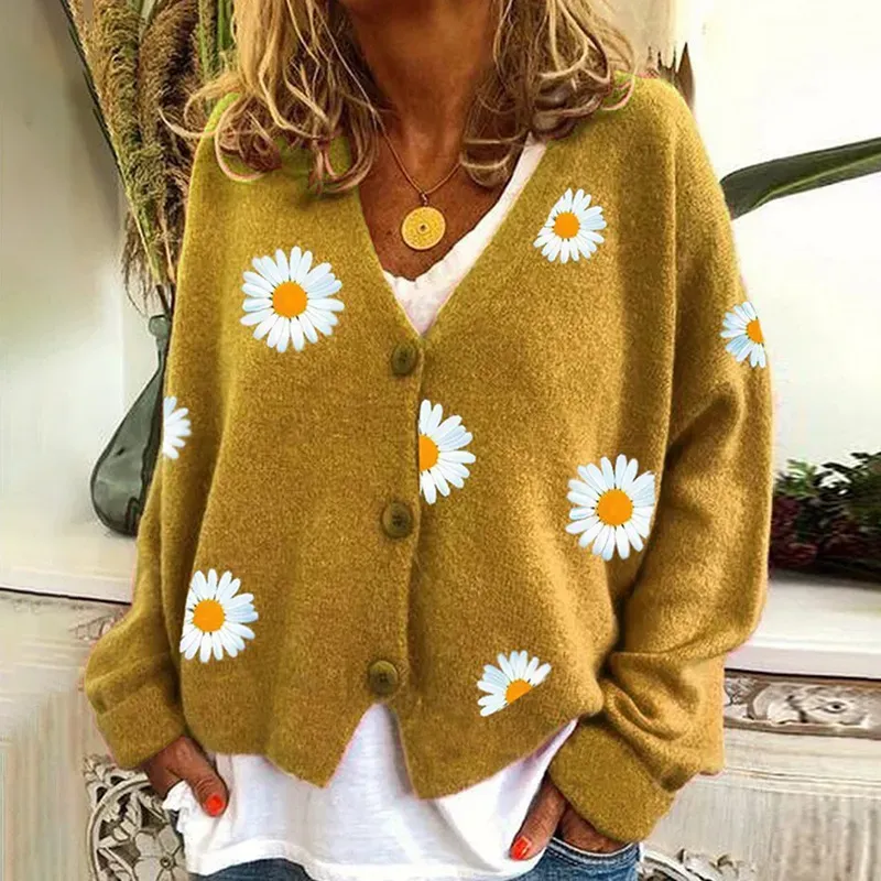 Vintage Single-Breasted Daisy Jacquard Sweater Cardigan