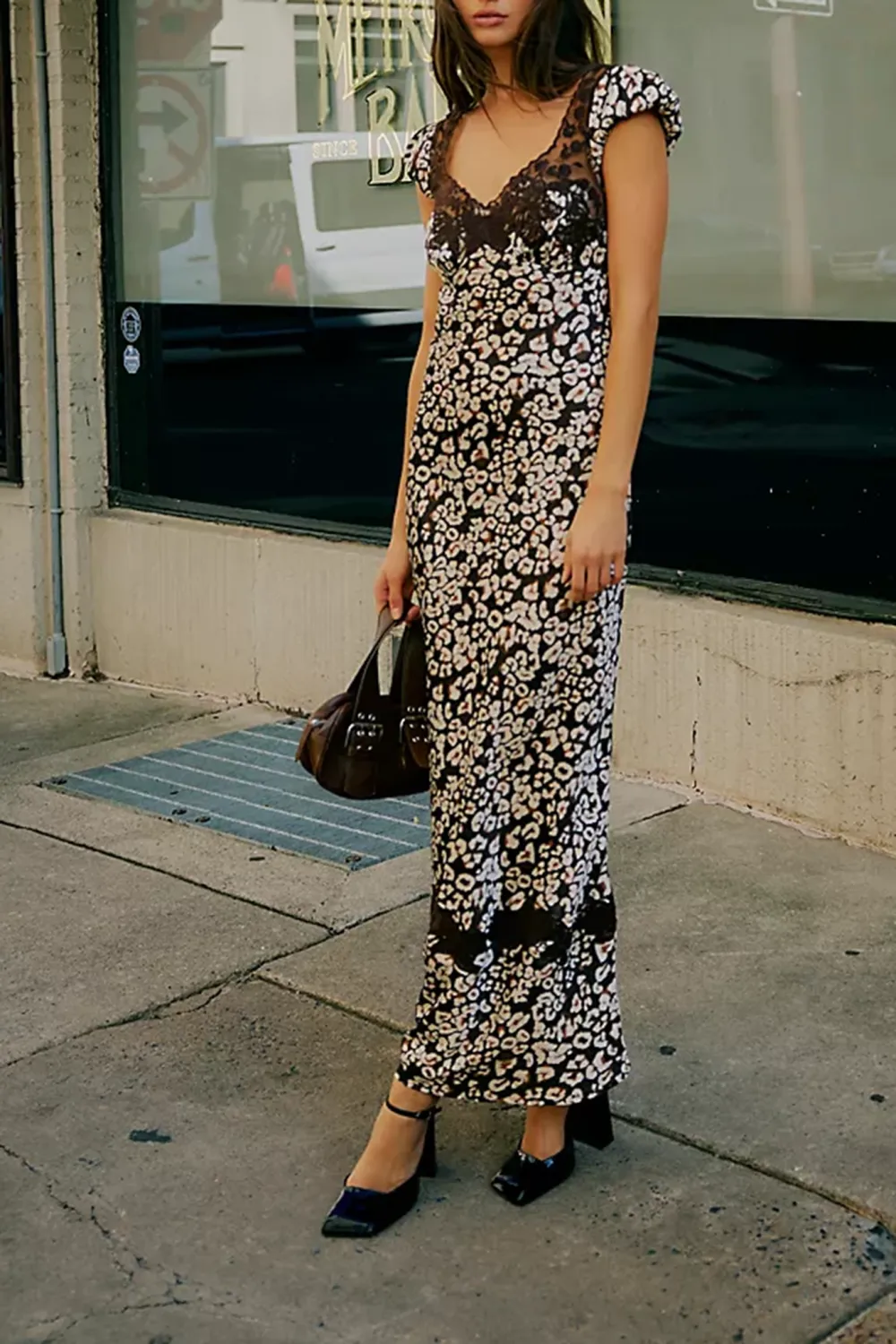 V Neck Floral Print Lace Trim Midi Dress