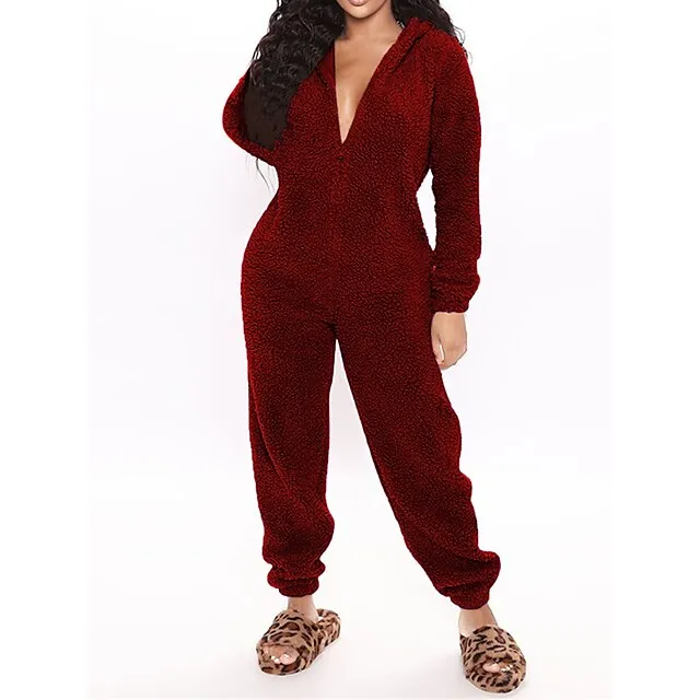 Women‘s Fleece Adult Onesies Onesie Pajamas Fluffy Fuzzy Warm Pajama Pure Color Plush Casual Comfort Home Daily Bed Sherpa Warm Hoodie Long Sleeve Fall Winter Black Pink