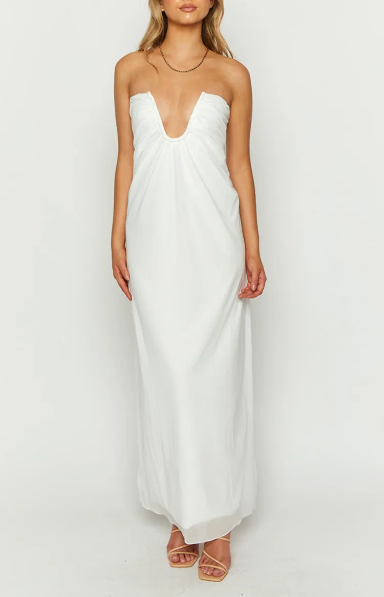 Deep V-Neck White Flowy Maxi Dress