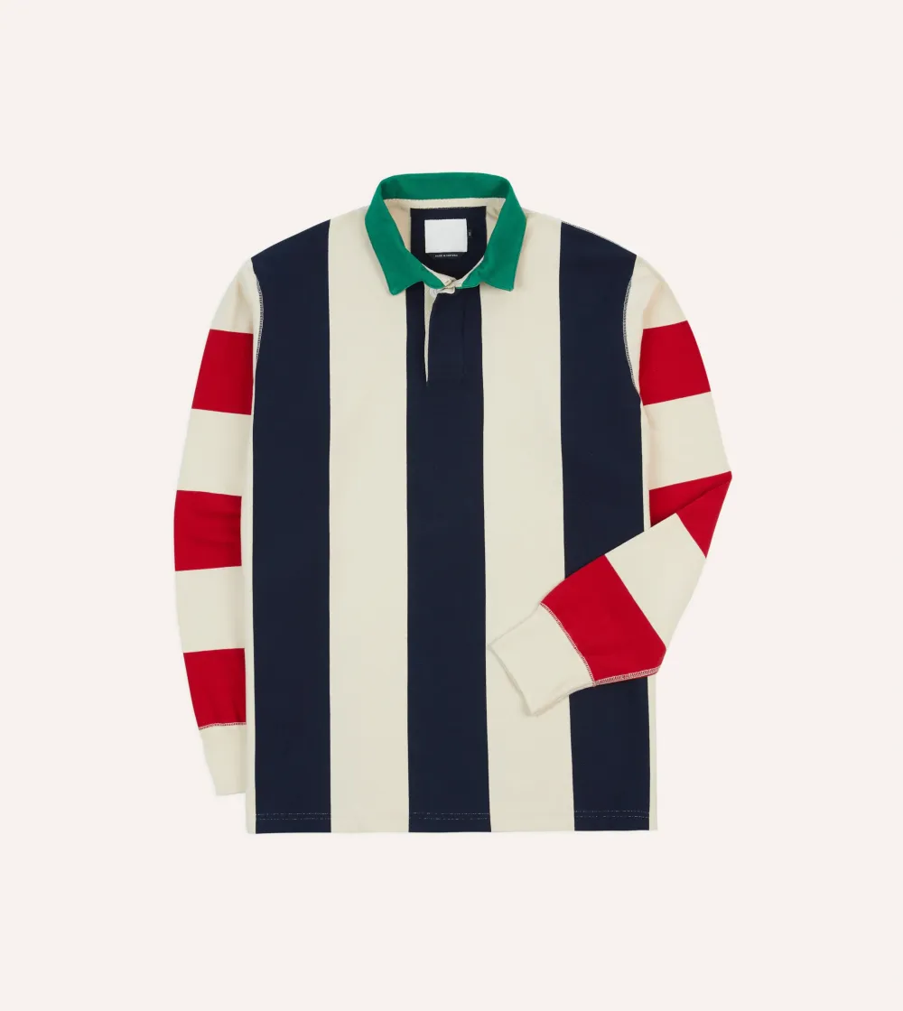 Navy, Red And Ecru Vertical Block Stripe Cotton Rugby Shirt Plain