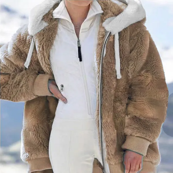New  Long Plush  Solid Color Hooded Coat